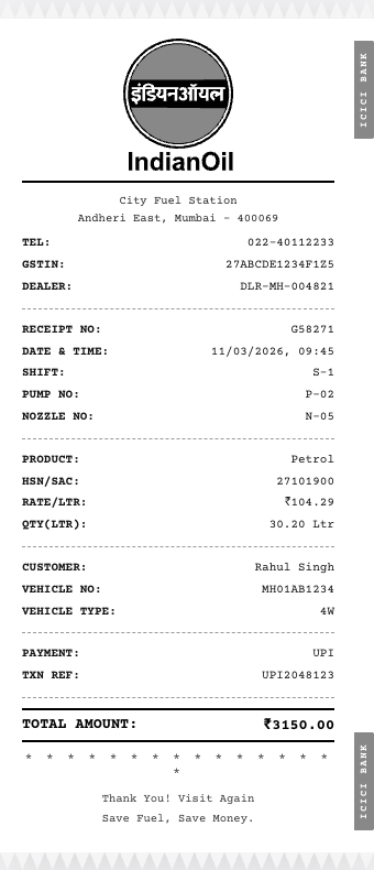 Sample IndianOil petrol bill receipt
