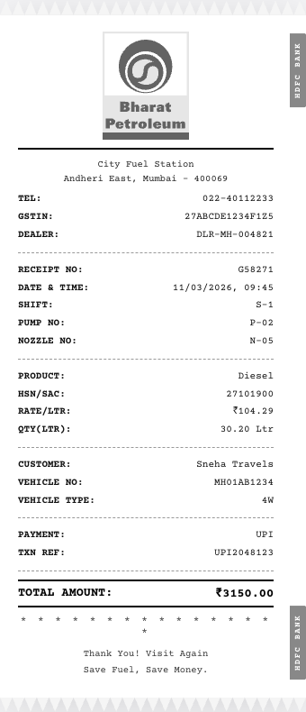 Sample BPCL Bharat Petroleum diesel bill