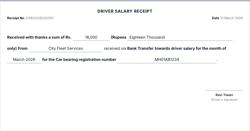 Driver Salary Slip format sample showing key fields