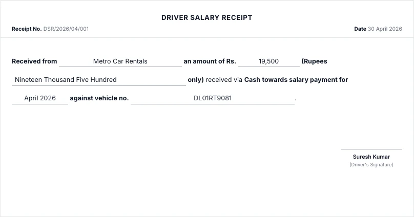 Driver Salary Slip format sample for reimbursement