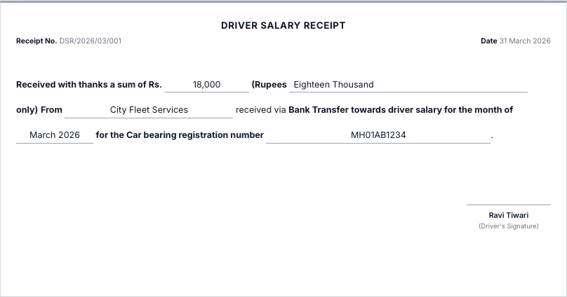 Sample driver salary receipt classic format