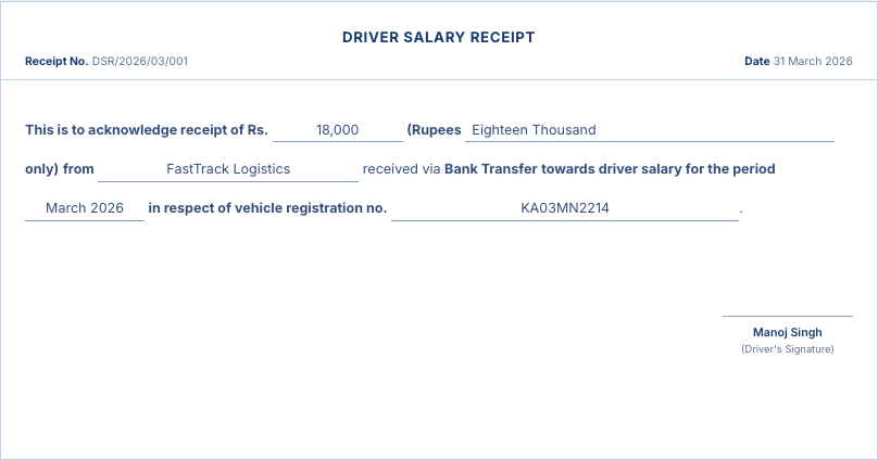 Sample driver salary receipt corporate format