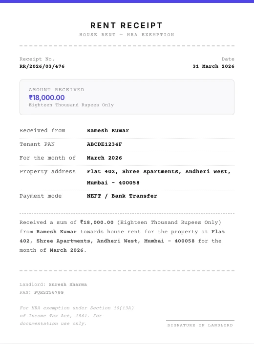 Rent Receipt format sample showing key fields
