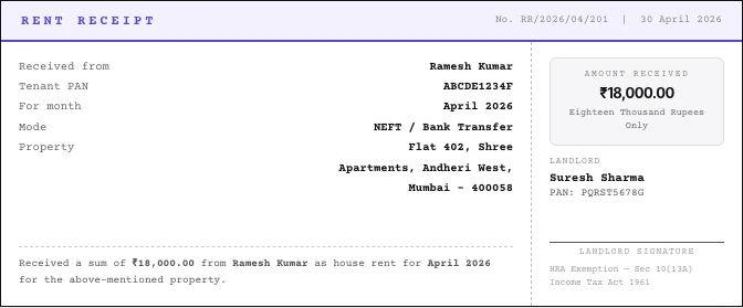Rent Receipt format sample for reimbursement