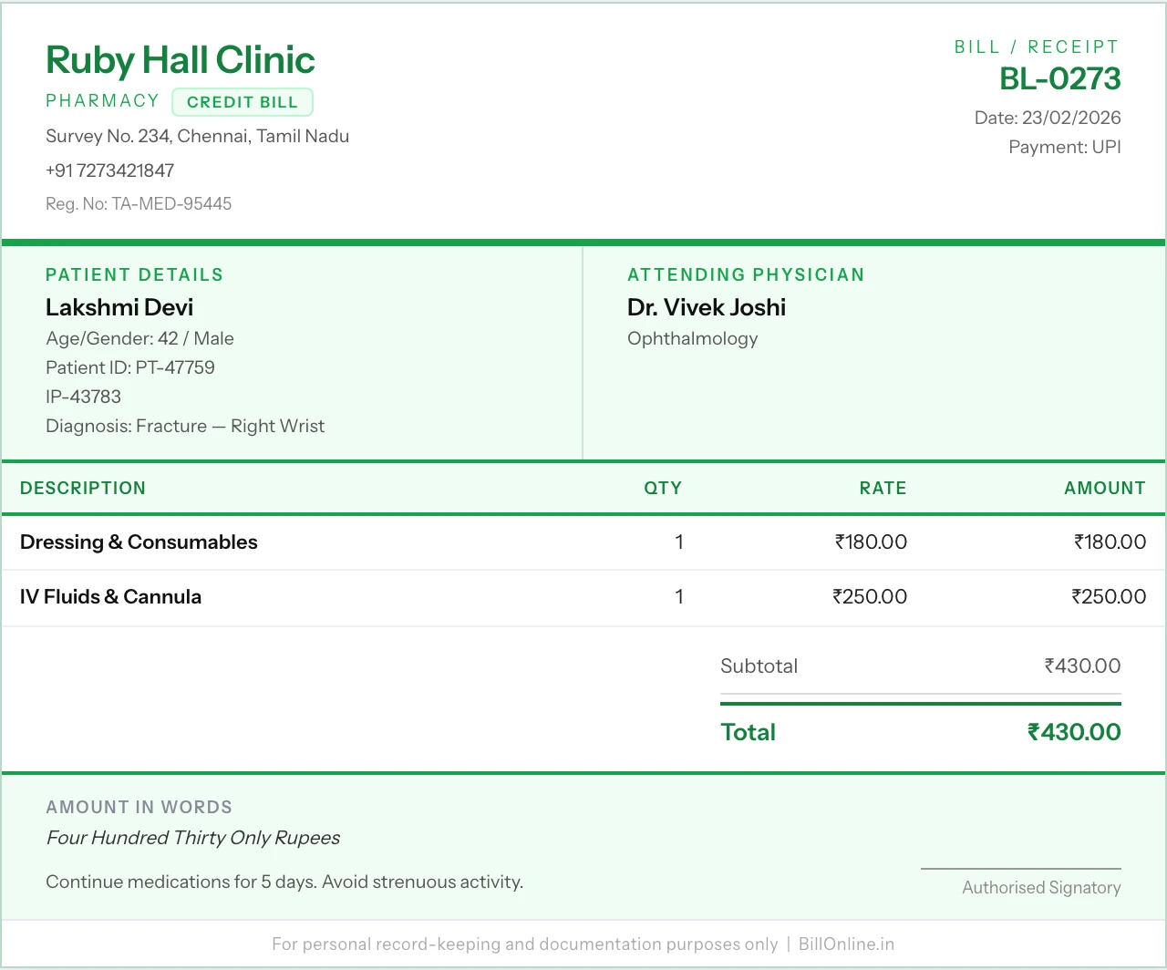 Medical Bill format sample for reimbursement