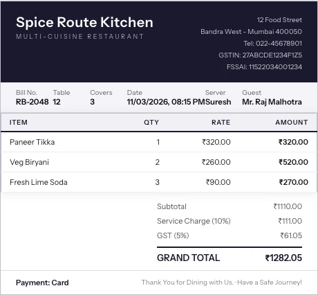 Restaurant Bill format sample showing key fields