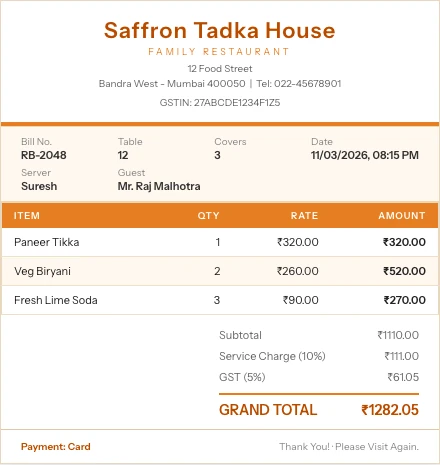 Restaurant Bill format sample for reimbursement