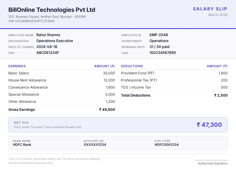 Salary Slip format sample showing key fields
