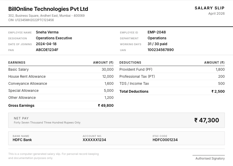 Salary Slip format sample for reimbursement