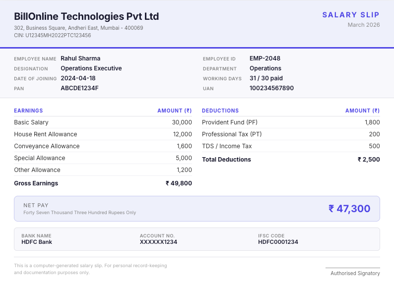Sample salary slip classic indigo format India