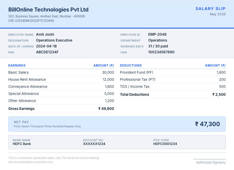Sample salary slip corporate blue format India