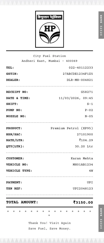 Sample HPCL premium petrol bill receipt format