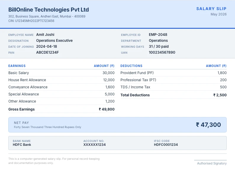 Sample corporate salary slip template Bangalore May 2026